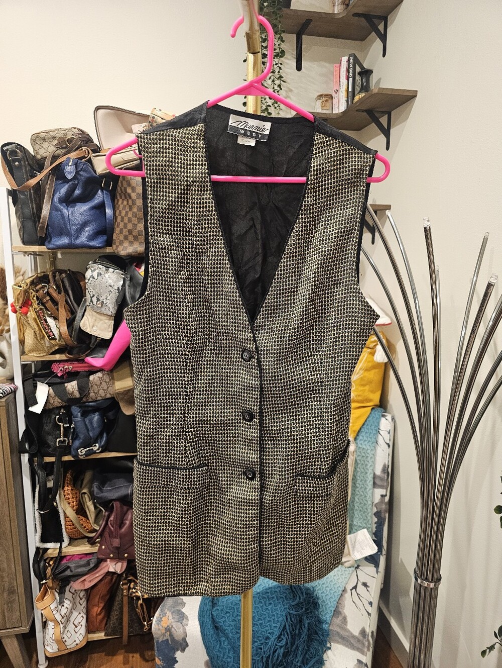Vintage Women's Houndstooth Vest Jacket - Black & Cream